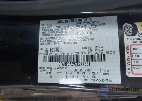2007 Ford Fusion Se z USA, uszkodzony, nr VIN 3FAHP07Z97R277331